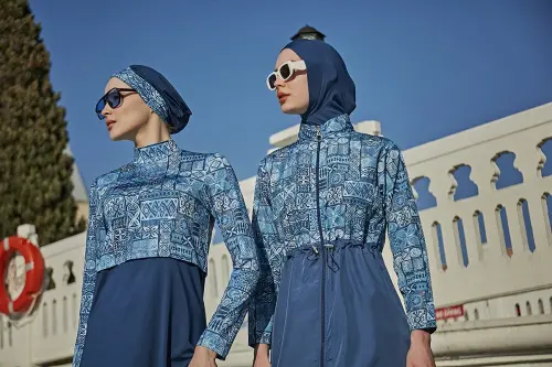 Remsa Rabia Çini Desenli Paraşüt Tam Kapalı Tesettür Mayo RMS-R040-26 Lacivert - 9
