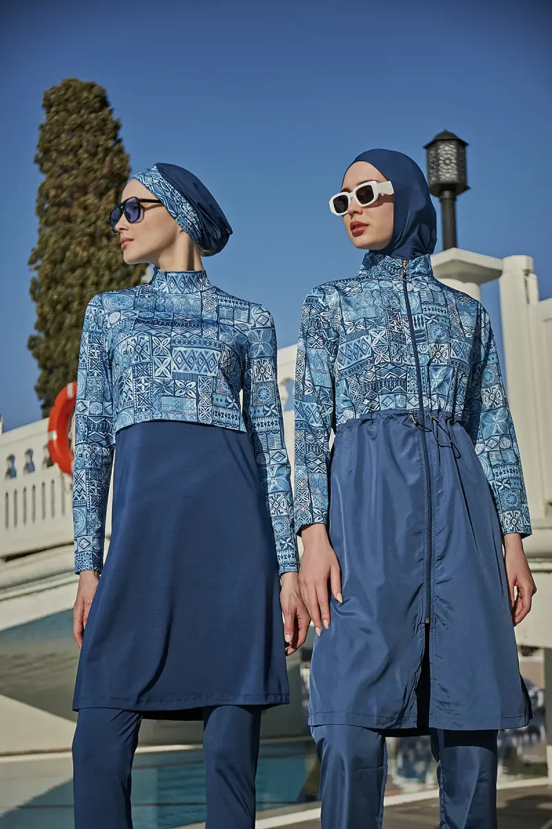 Remsa Rabia Çini Desenli Paraşüt Tam Kapalı Tesettür Mayo RMS-R040-26 Lacivert - 10