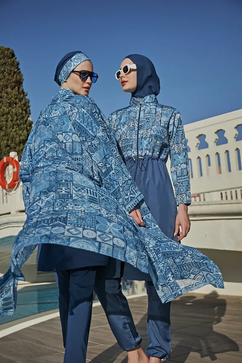 Remsa Rabia Çini Desenli Paraşüt Tam Kapalı Tesettür Mayo RMS-R040-26 Lacivert - 12