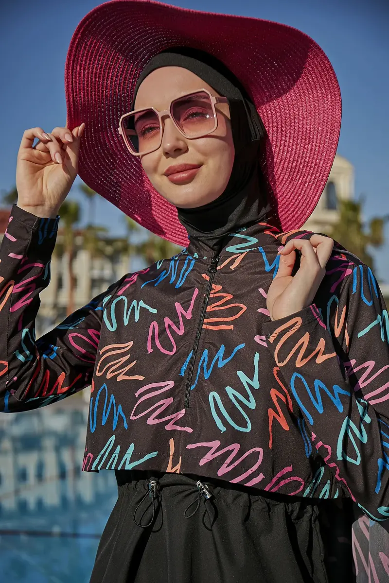 Remsa Color Neon Crop Görünümlü Önü Kapaklı Tam Kapalı Tesettür Mayo RMS-R046-26 Siyah - 1