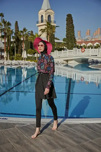 Remsa Color Neon Crop Görünümlü Önü Kapaklı Tam Kapalı Tesettür Mayo RMS-R046-26 Siyah - Remsa (1)