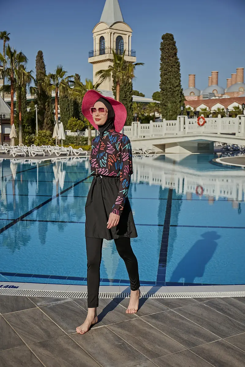 Remsa Color Neon Crop Görünümlü Önü Kapaklı Tam Kapalı Tesettür Mayo RMS-R046-26 Siyah - 2