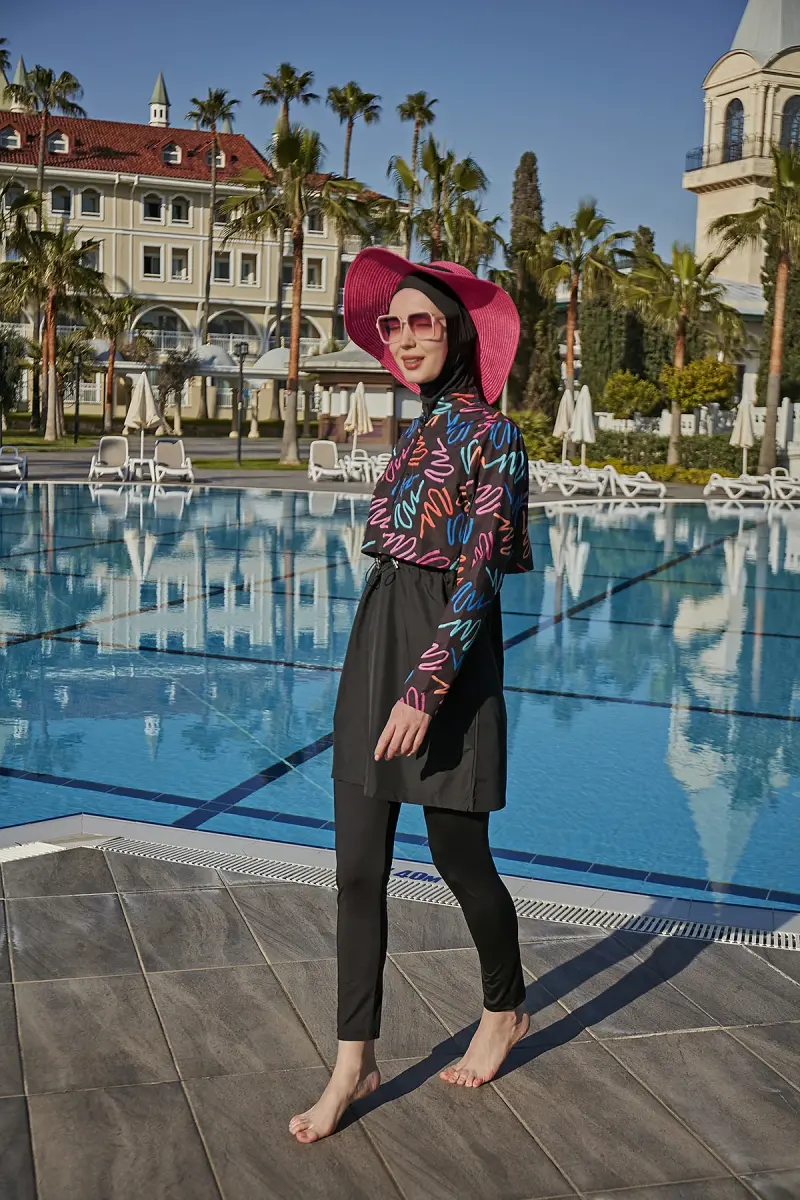 Remsa Color Neon Crop Görünümlü Önü Kapaklı Tam Kapalı Tesettür Mayo RMS-R046-26 Siyah - 3