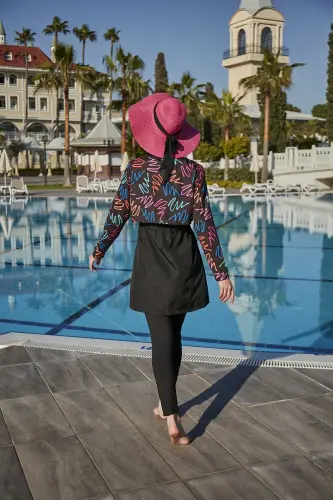 Remsa Color Neon Crop Görünümlü Önü Kapaklı Tam Kapalı Tesettür Mayo RMS-R046-26 Siyah - 4