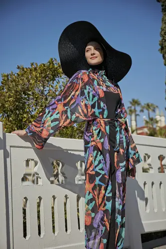 Remsa Mercan Desenli Şifon Kimono Pareo RMS-RP004A-26 Siyah - 5