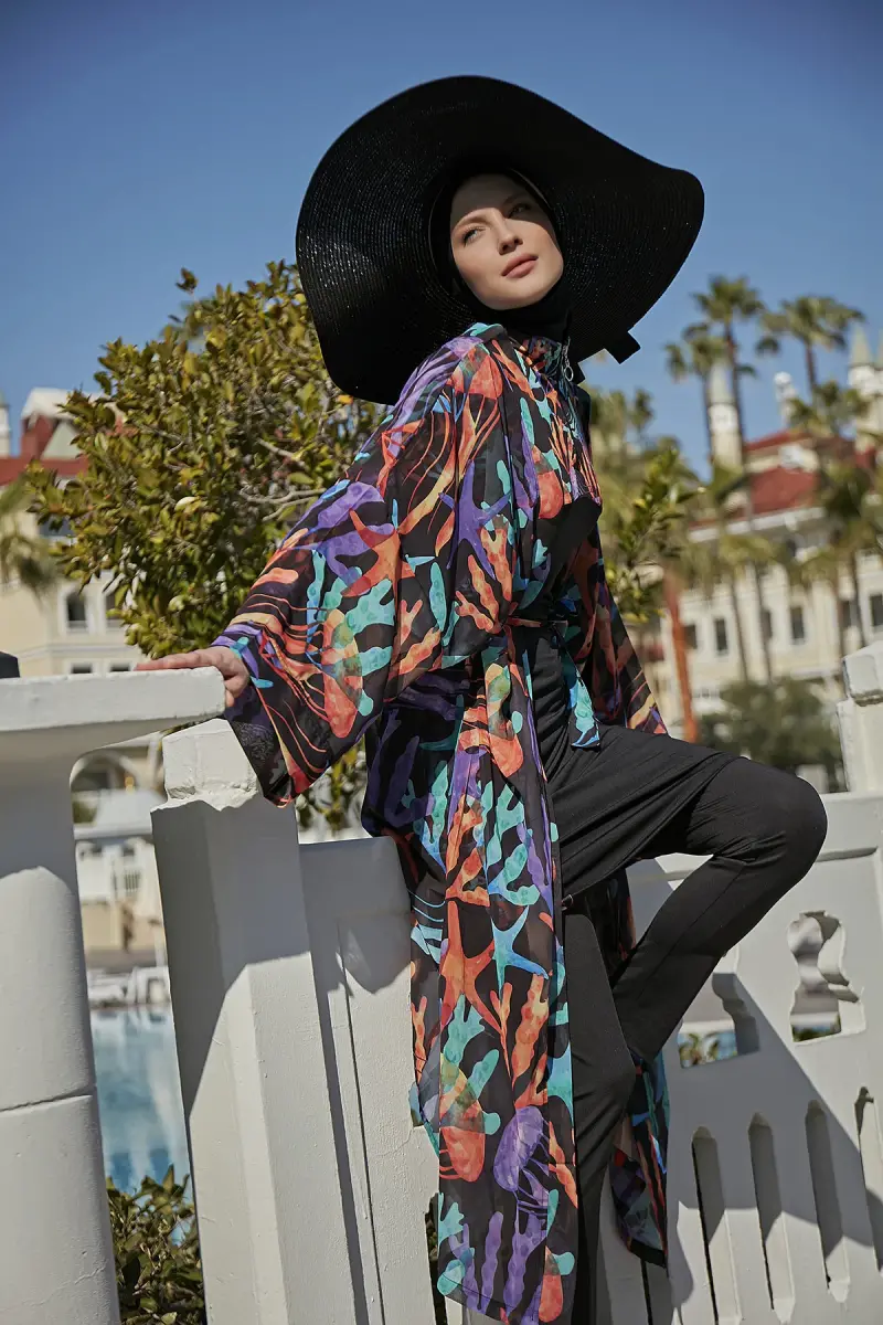 Remsa Mercan Desenli Şifon Kimono Pareo RMS-RP004A-26 Siyah - 7