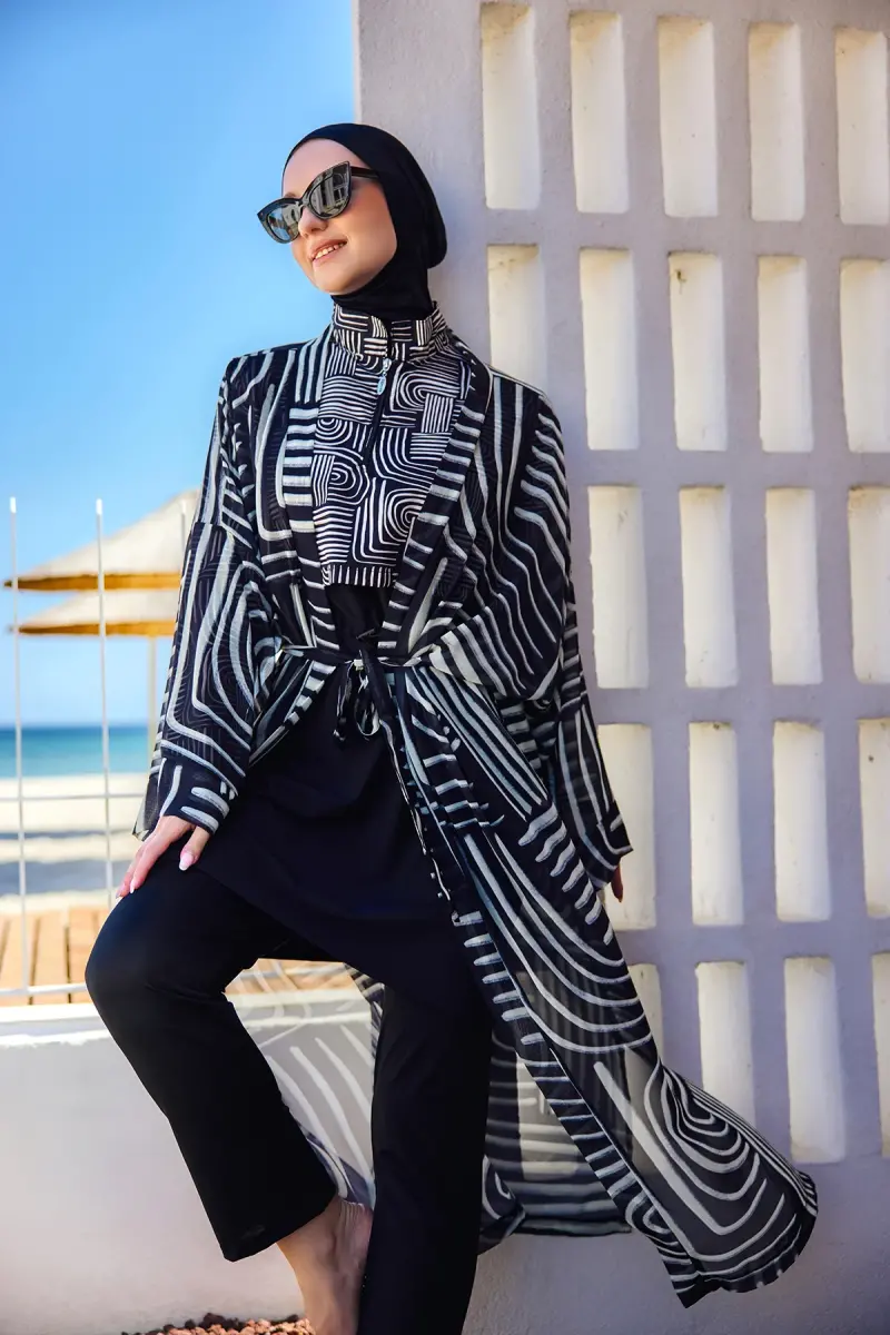 Remsa Labire Desenli Şifon Kimono Pareo RMS-RP032-26 Siyah - 1
