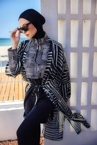 Remsa Labire Desenli Şifon Kimono Pareo RMS-RP032-26 Siyah - Remsa (1)
