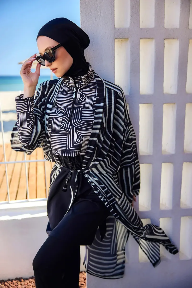 Remsa Labire Desenli Şifon Kimono Pareo RMS-RP032-26 Siyah - 7