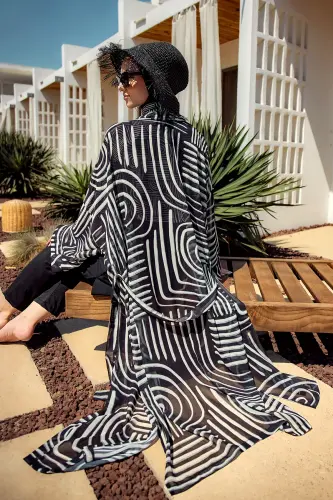 Remsa Labire Desenli Şifon Kimono Pareo RMS-RP032-26 Siyah - 8