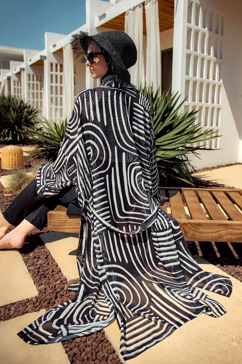 Remsa Labire Desenli Şifon Kimono Pareo RMS-RP032-26 Siyah - 8