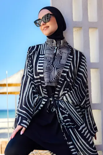 Remsa Labire Desenli Şifon Kimono Pareo RMS-RP032-26 Siyah - 10