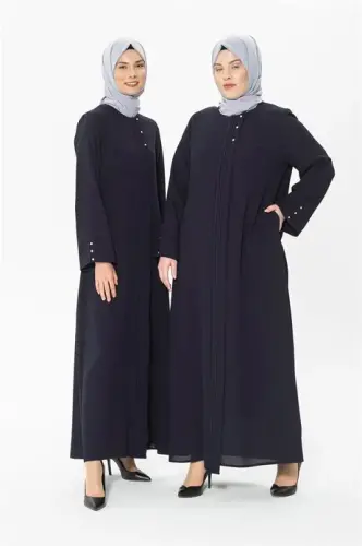 Rib and Stone Detailed Navy Blue Abaya 3302 - 4