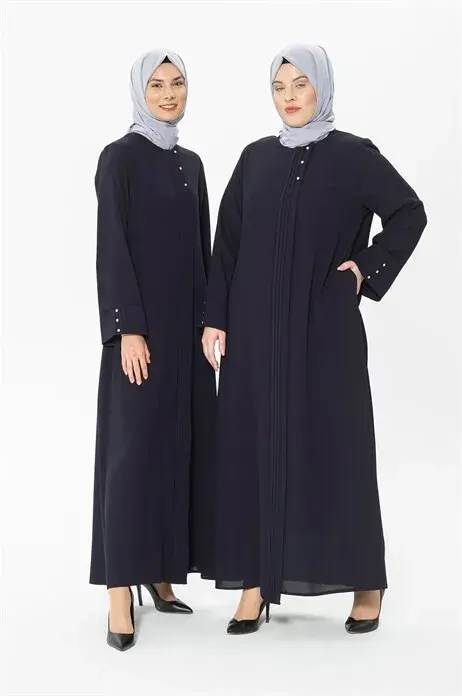 Rib and Stone Detailed Navy Blue Abaya 3302 - 4