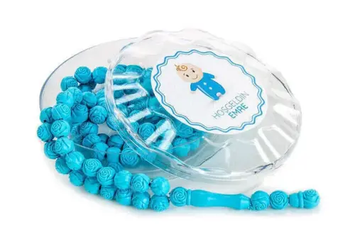 Rose Scented Rosary - Special for Boy - Name Printed - Blue / White Color - Baby Mevlidi Gift - 1