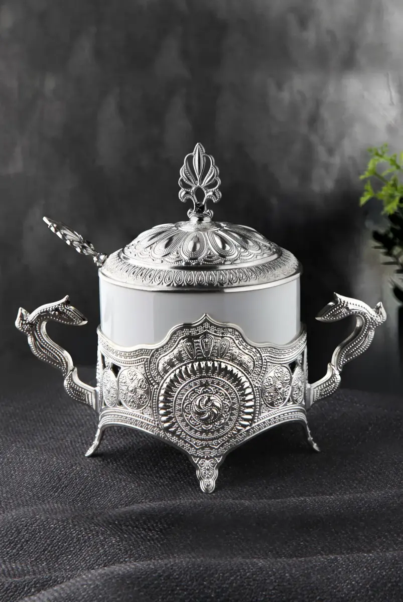 Round Porcelain Sugar Bowl Silver - 1