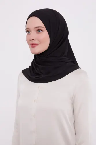 Şal Görünümlü Hazır Pratik Geçmeli Tesettür Hijab Bone - Siyah Renk - 1