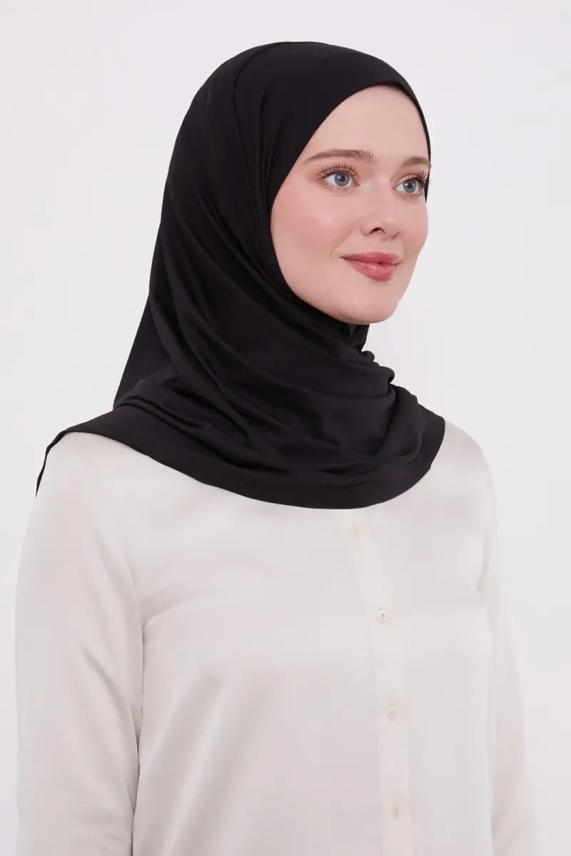 Şal Görünümlü Hazır Pratik Geçmeli Tesettür Hijab Bone - Siyah Renk - 2
