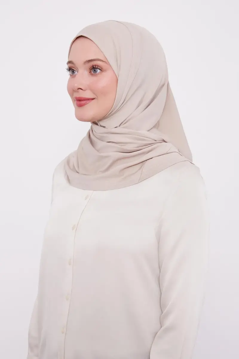 Şal Görünümlü Hazır Pratik Geçmeli Tesettür Hijab Bone - Vizon Renk - 1