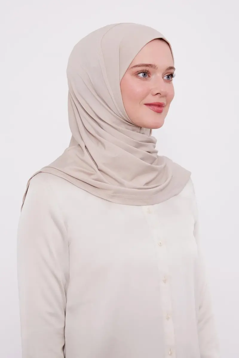 Şal Görünümlü Hazır Pratik Geçmeli Tesettür Hijab Bone - Vizon Renk - 2