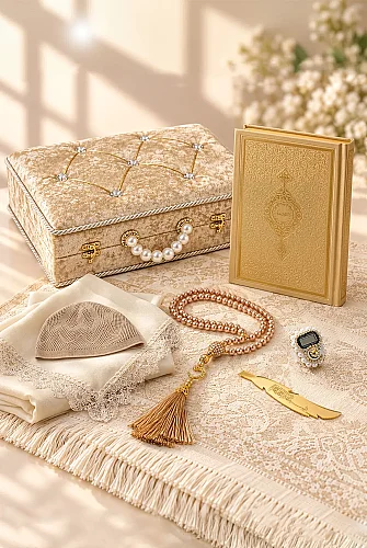 Sandıklı Çeyizlik Seccade Seti Damat Gelin Bohçasına Uygun Hediyelik Şal Kuranı Kerim Seti Gold 