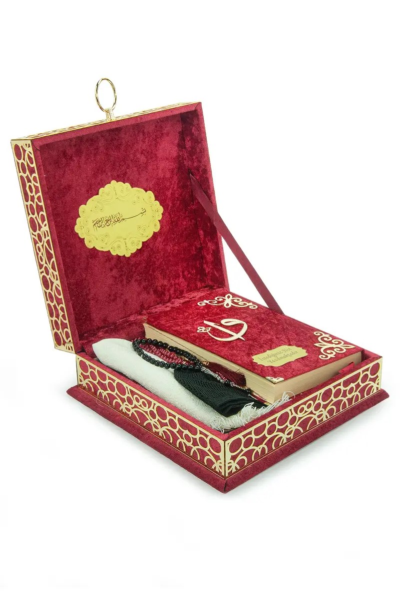 Sandıklı Kadife Kaplı Kuranı Kerim Seccade Seti - Şal, Tesbih, Takke - Bordo - 4