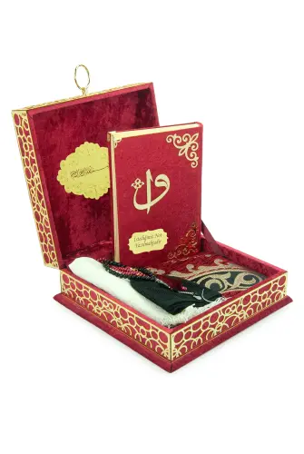 Sandıklı Kadife Kaplı Kuranı Kerim Seccade Seti - Şal, Tesbih, Takke - Bordo - 1