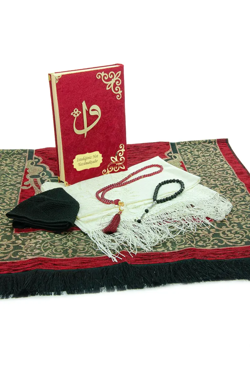 Sandıklı Kadife Kaplı Kuranı Kerim Seccade Seti - Şal, Tesbih, Takke - Bordo - 5