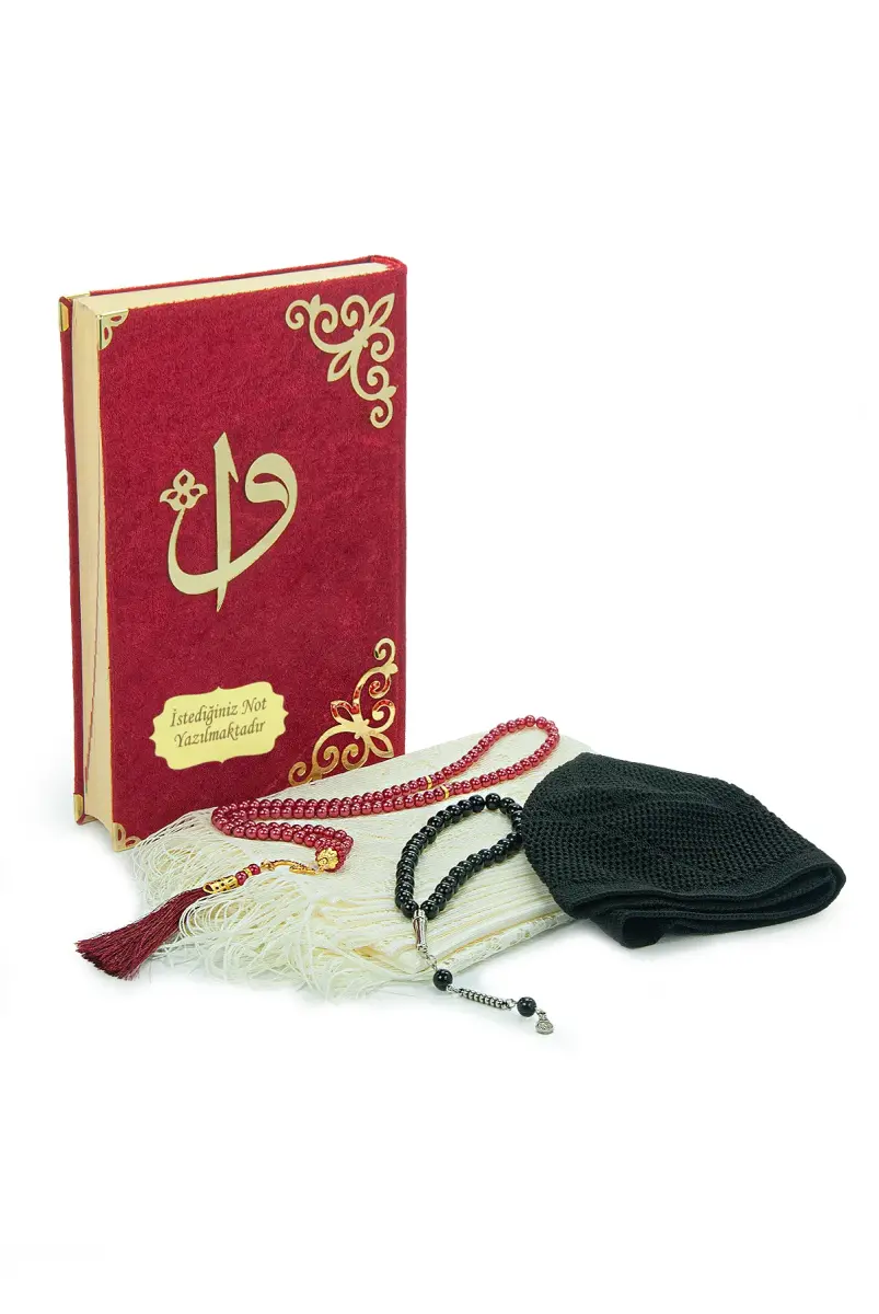 Sandıklı Kadife Kaplı Kuranı Kerim Seccade Seti - Şal, Tesbih, Takke - Bordo - 6