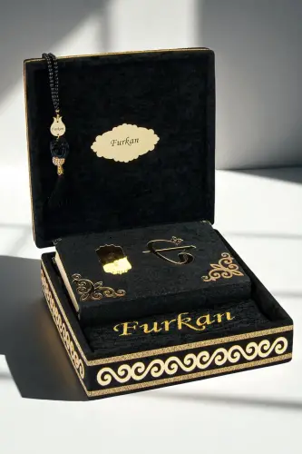 Sandıklı Kişiye Özel İsimli Seccade Seti - Hediyelik Kadife Kaplı Kuranı Kerim Seti - Siyah - ihvanonline (1)