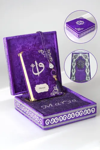 Sandıklı Kişiye Özel Tesbihli İsimli Seccade Seti - Hediyelik Kuranı Kerim Seti Mor 