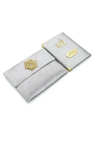 Şantuk Kumaş Kaplı Yasin Kitabı - Çanta Boy - İsme Özel Plakalı - Keseli - Gri Renk - Mevlid Hediyeliği - İhvan (1)