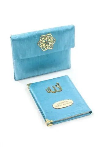 Şantuk Kumaş Kaplı Yasin Kitabı - Çanta Boy - İsme Özel Plakalı - Keseli - Mavi Renk - Mevlid Hediyeliği 