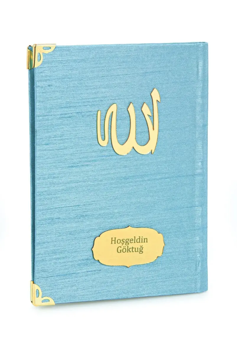 10 ADET - Şantuk Kumaş Kaplı Yasin Kitabı - Çanta Boy - İsme Özel Plakalı - Mavi Renk - İslami Hediyeler - 1