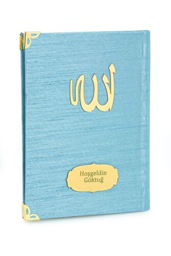 20 ADET - Şantuk Kumaş Kaplı Yasin Kitabı - Çanta Boy - İsme Özel Plakalı - Mavi Renk - İslami Hediyeler - 1