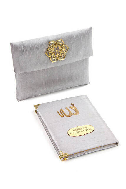 Santuk Fabric Coated Yasin Book - Bag Boy - Name Special Plate - Marsupeli - Gray Color - Mevlid Gift