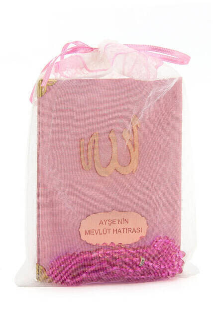Santuk Fabric Coated Yasin Book - Bag Boy - Name Special Plate - Rosary - Marsupeli - Pink Color - Islamic Gifts - Thumbnail