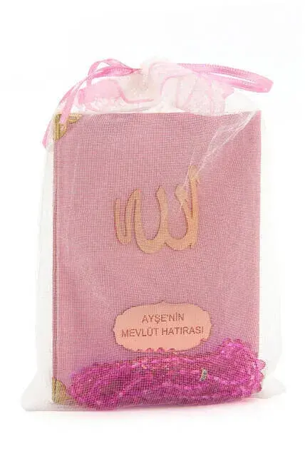 Santuk Fabric Coated Yasin Book - Bag Boy - Name Special Plate - Rosary - Marsupeli - Pink Color - Islamic Gifts - 1
