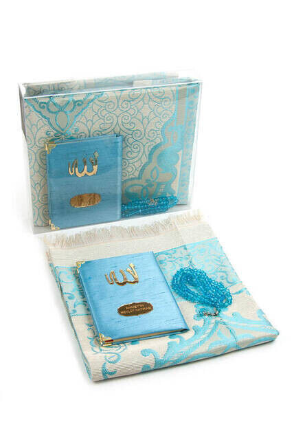 Santuk Fabric Coated Yasin Book - Bag Boy - Name Special Plate - Seccadeli - Rosary - Boxed - Blue Color - Mevlid Gift - 1