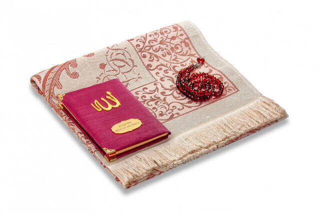 Santuk Fabric Coated Yasin Book - Bag Boy - Name Special Plate - Seccadeli - Rosary - Keseli - Bordeaux Color - Mevlid Gift - Thumbnail