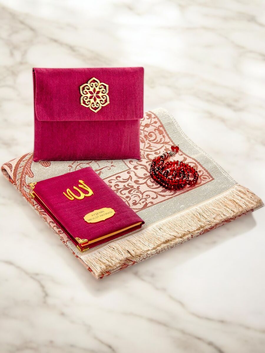 Santuk Fabric Coated Yasin Book - Bag Boy - Name Special Plate - Seccadeli - Rosary - Keseli - Bordeaux Color - Mevlid Gift - 1