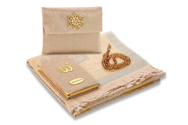 Santuk Fabric Coated Yasin Book - Bag Boy - Name Special Plate - Seccadeli - Rosary - Keseli - Cream Color - Mevlid Gift - Thumbnail