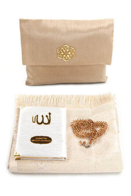 Santuk Fabric Coated Yasin Book - Bag Boy - Name Special Plate - Seccadeli - Rosary - Keseli - Gold Color - Community Gift