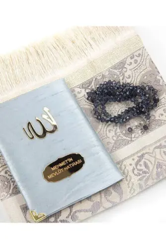 Santuk Fabric Coated Yasin Book - Bag Boy - Name Special Plate - Seccadeli - Rosary - Keseli - Gray Color - Community Gift - İhvan (1)
