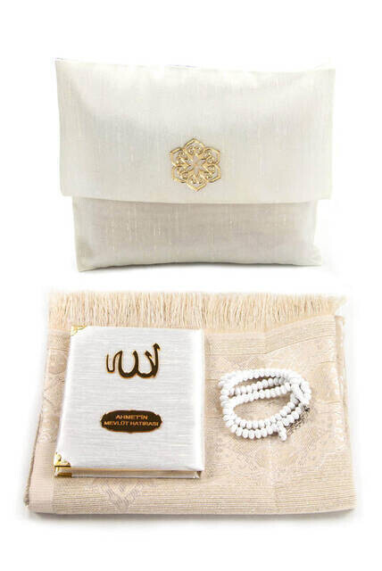 Santuk Fabric Coated Yasin Book - Bag Boy - Name Special Plate - Seccadeli - Rosary - Keseli - White Color - Community Gift