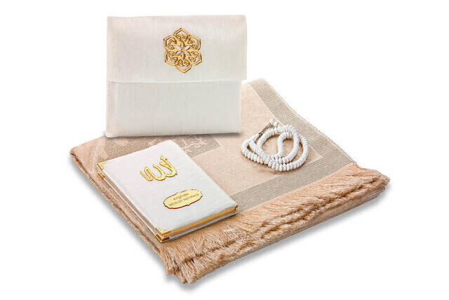 Santuk Fabric Coated Yasin Book - Bag Boy - Name Special Plate - Seccadeli - Rosary - Keseli - White Color - Mevlid Gift