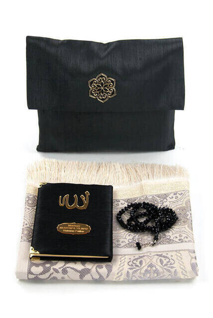 Santuk Fabric Coated Yasin Book - Bag Boy - Name Special Plate - Seccadeli - Rosary - Marsupeli - Black Color - Community Gift