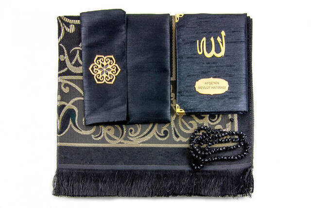 Santuk Fabric Coated Yasin Book - Bag Boy - Name Special Plate - Seccadeli - Rosary - Marsupeli - Black Color - Mevlid Gift - Thumbnail
