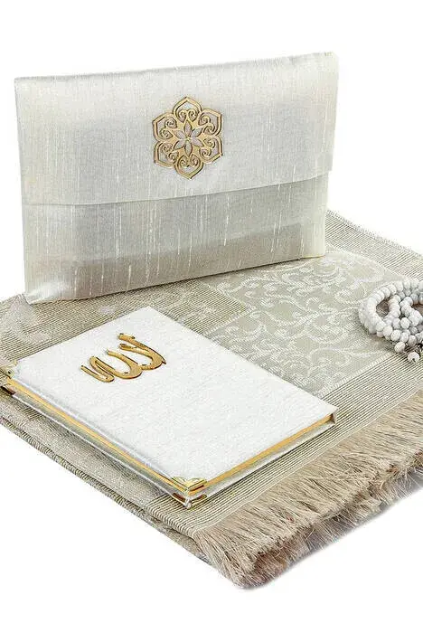 Seccade Seti - Şantuk Kaplı Yasin - Seccade - Tesbih - Beyaz Renk - 1