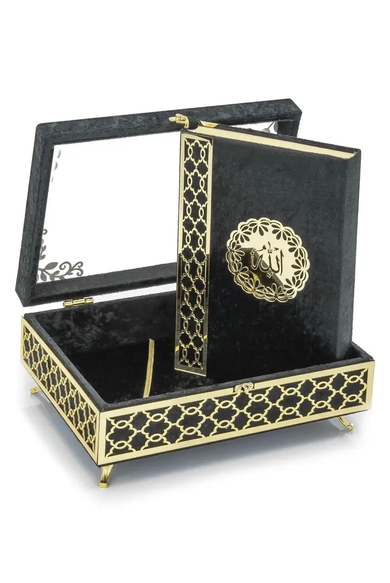 Şeffaf Pleksili Kadife Kaplı Sandıklı Çeyizlik Kuranı Kerim Seti - Siyah - 1